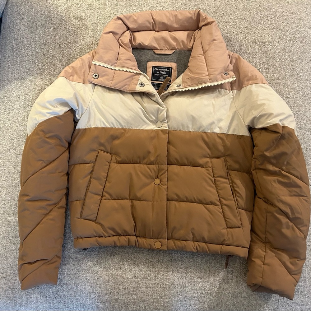 Abercrombie & Fitch Brown, Cream & Pink Colorblock Puffer Jacket